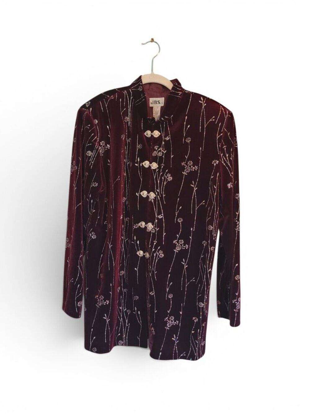 Vintage 80s Dark Red Metallic Floral Military Style Jacket Gothic Whimsigoth